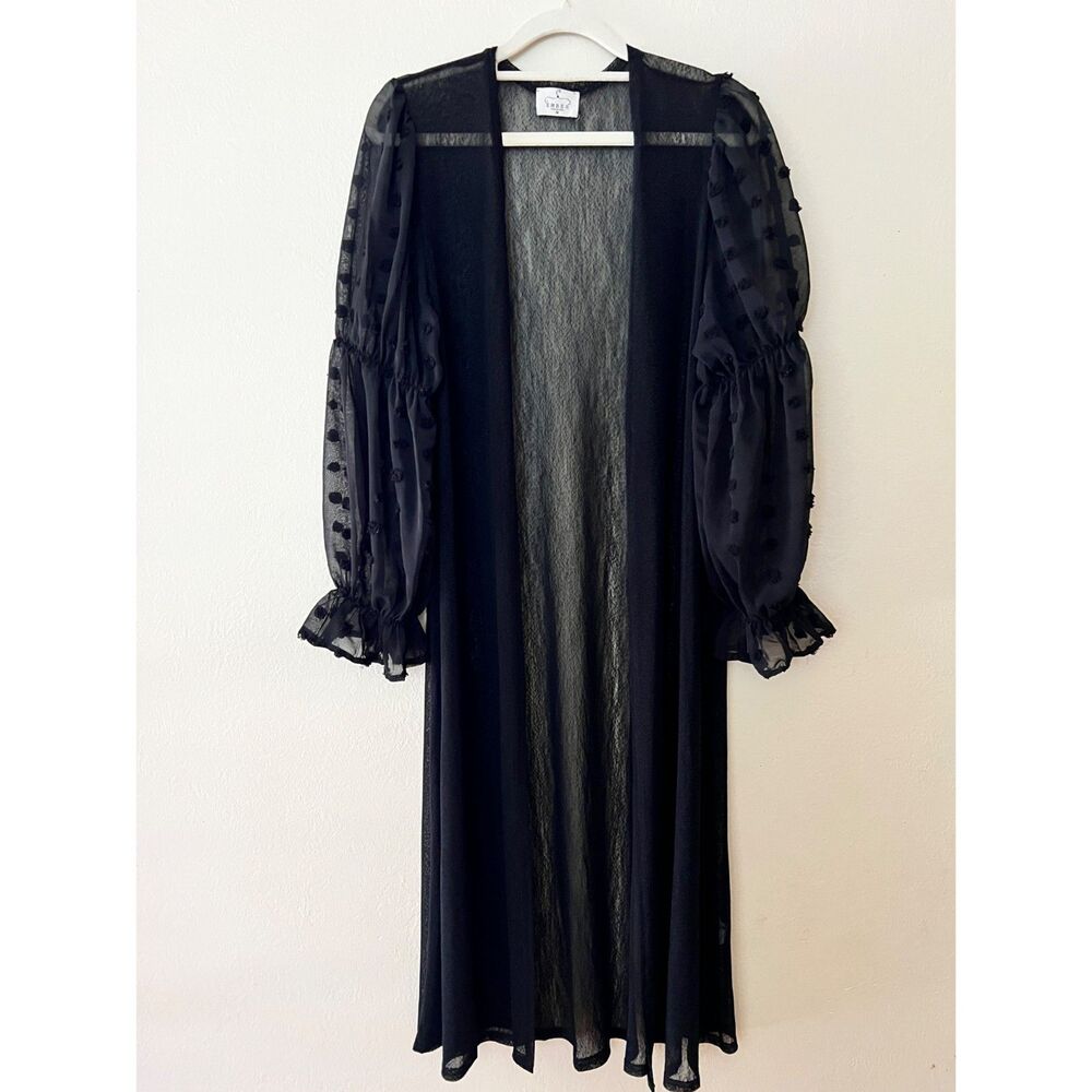 EUC Ember Black Sheer Maxi Duster Layering Robe Polka-Dot Bishop Sleeves Medium